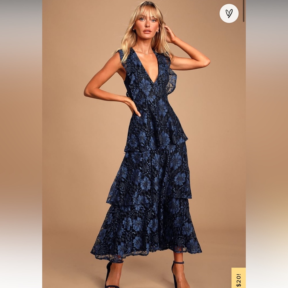 LULUS Molinetto Navy Blue Lace Ruffled Tiered Sleeveless Maxi Dress